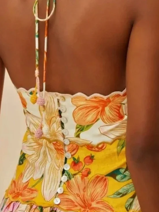 Farm Rio Guaragarden 100% Linen Halter Midi Dress Button Back Floral NWT Large - Picture 3 of 16